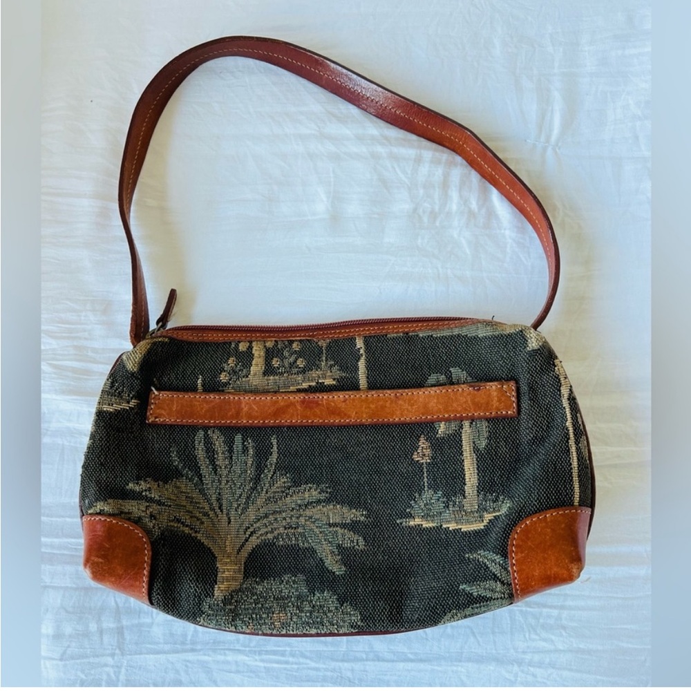 Vintage Tommy Bahama Leather And Tapestry Handbag Purse Black Brown Palm Trees